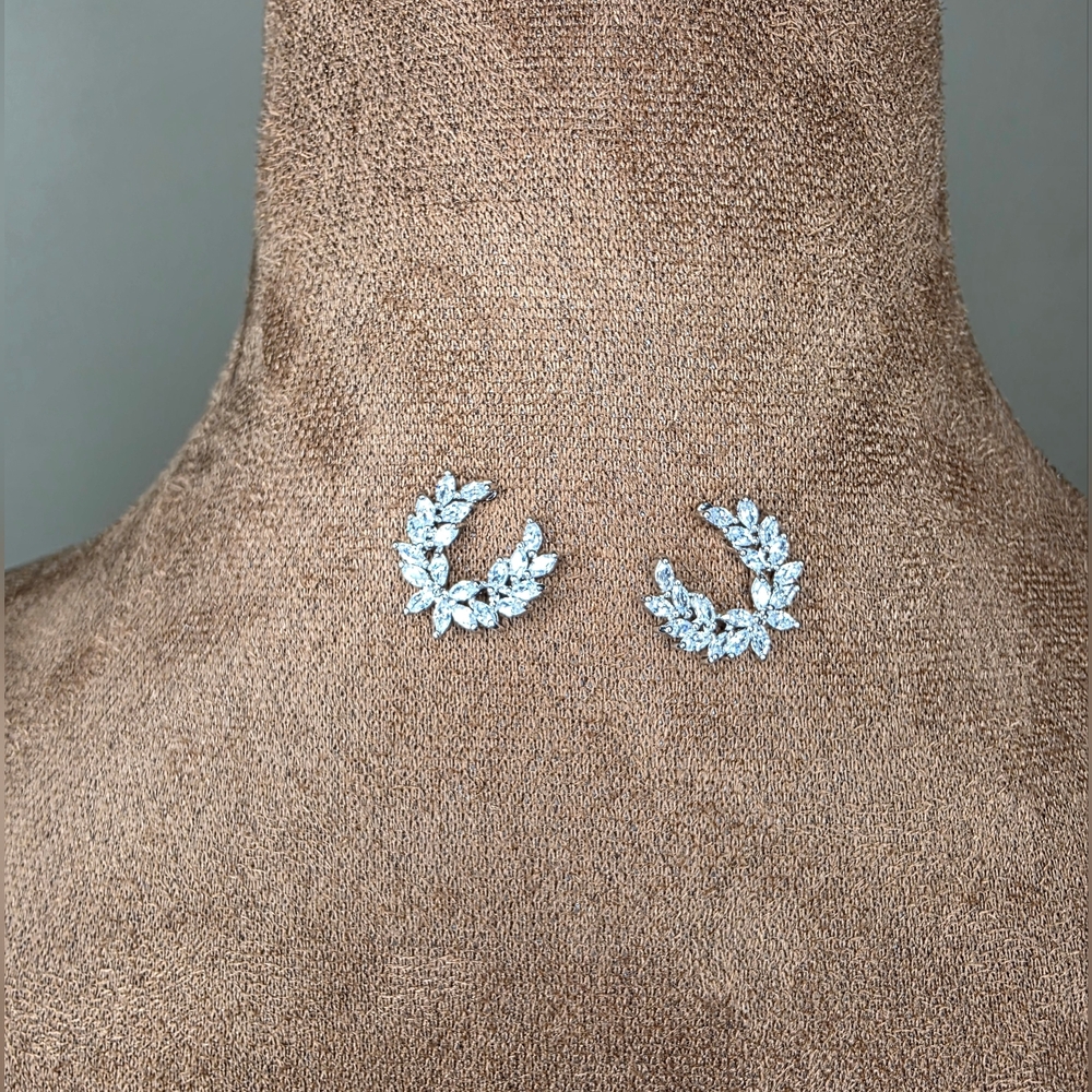 CZ Leaf Ear Crawler Earrings – Silver Tone Vine Climber Studs